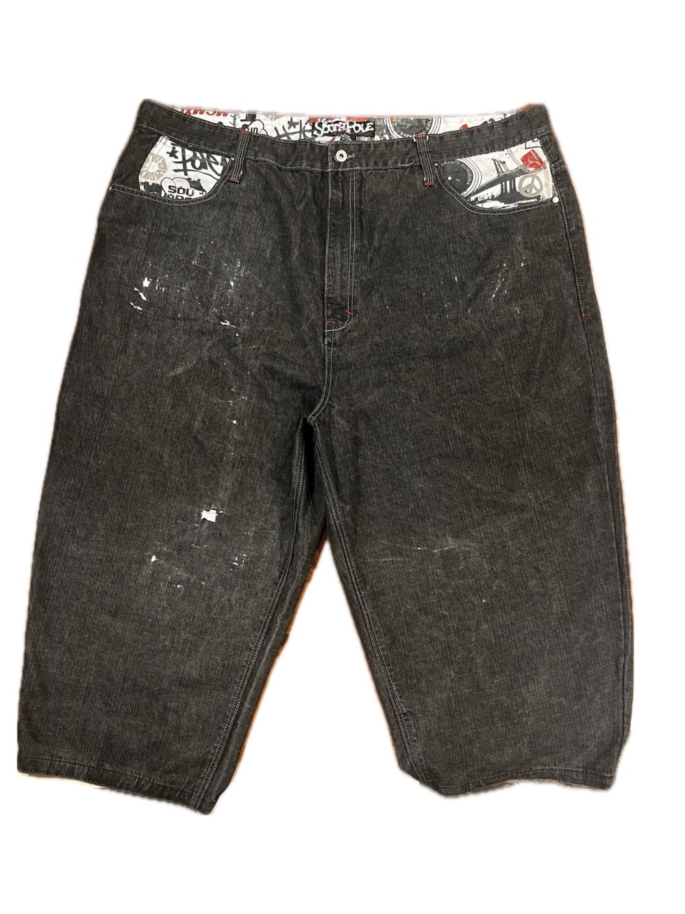 Vintage Southpole Baggy Black Denim Jorts Contrast Graffiti Patchwork Y2K Sz 52 - Picture 3 of 11